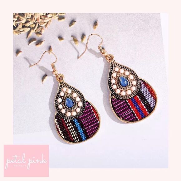 Boho Ethnic Fabric and Resin Drop Earrings - Picture 2 of 4